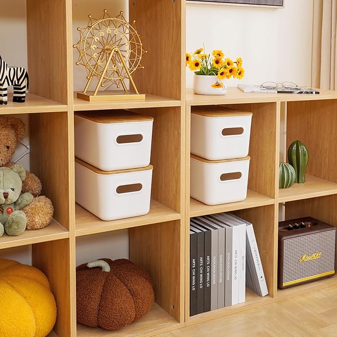 Citylife 4 PCS Storage Bins with Bamboo Lids Plastic Storage Containers for Organizing Stackable Storage Box with Handle, 10.23 x 7.08 x 6.3 inch