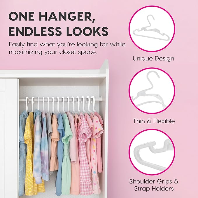 IRIS USA Extra Small Hangers 50 Pack, 11.87" W x 6.75" H, Clothes Hangers with Shoulder Grooves, S- Shaped Design, for Shirt Dress, Durable Flexible, Space Saving Laundry Room Closet Organizer, White