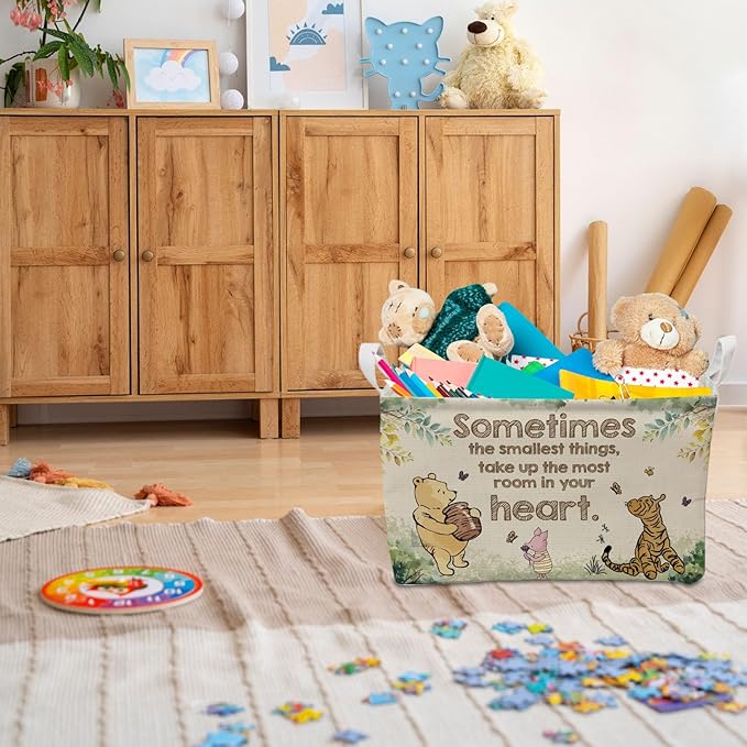 Vintage Winnie Nursery Hampers with Handles, the Pooh Storage Basket Decor, Winnie Baby Nursery Hamper Decor, Foldable Canvas for Bathroom and Bedroom SetClothes,Toys Bin
