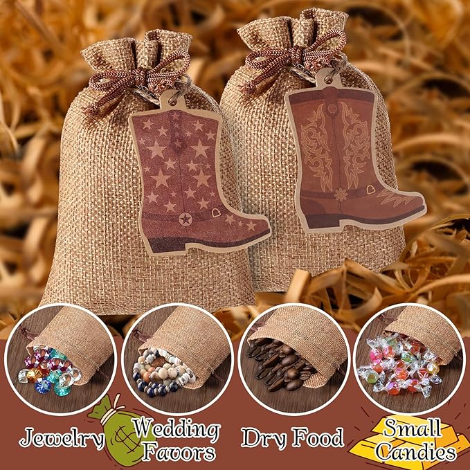 Mooliwe 50 Pcs Burlap Drawstring Bags with Boot Shape Tags, Western Cowgirl Gift Sacks Bulk 4 x 6 Inches Reusable Burlap Candy Pouch for Bachelorette Cowboy Baby Shower Wedding Party Favor(Brown)