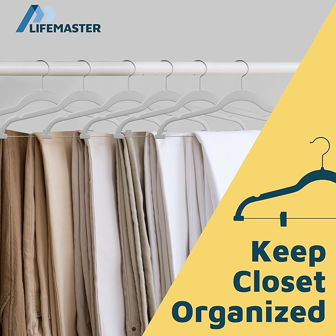 Lifemaster Velvet Skirt Hangers – with Adjustable Clips, 360 Degree Swivel Hook, and Non-Slip Shoulder Notch, Holds Up to 10 lbs, for Organizing Skirt, Pants, Dress, and Clothes, Pack of 50, White