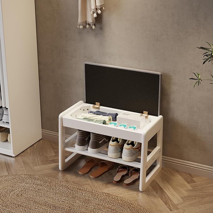AQIMUELE Small Shoe Rack Bench,2 Tiers Shoe Bench with Storage with Flip-Top,Wood Shoe Rack for Entryway,Hallway（White Upholstered Seat）
