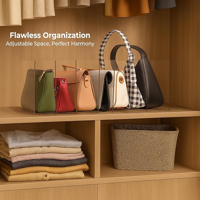 Acriloom Essentials Purse Organizer for Closet – Adjustable Bag Organizer with 2 Bases & 8 Dividers, Heavy-Duty Clear Design for Home & Personal Organization, Easy to Set Up and Maximize Closet Space