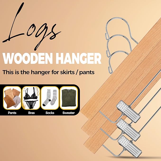 Quality Hangers Wooden Pants Hangers - 100-Pack Swivel Hook Cloth Hanger Set - Lotus Wood Skirt, Pant, Shorts and Slack Hangers with Adjustable Clip – Clothing Hanger Set (Natural, 100)