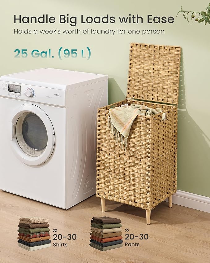 SONGMICS Laundry Hamper with Lid, 25 Gal. (95 L) PE Rattan Laundry Basket with Lid and Handles, Natural Material,Removable Machine Washable Liner, Goose Yellow ULCB221YE01