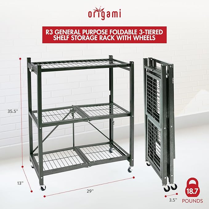 Origami 4-Pack R3 Storage Rack, 3-Tier Heavy-Duty Foldable Steel Shelf with Wheels, Pewter
