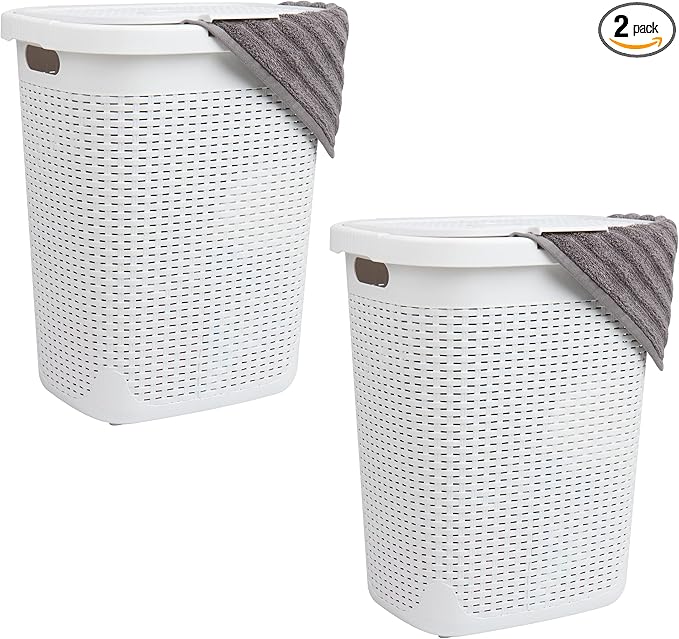Mind Reader 50L Slim Laundry Hamper, Clothes Basket, Lid, Wicker Design, Plastic, 17.65"L x 13.75"W x 21"H, Set of 2, White