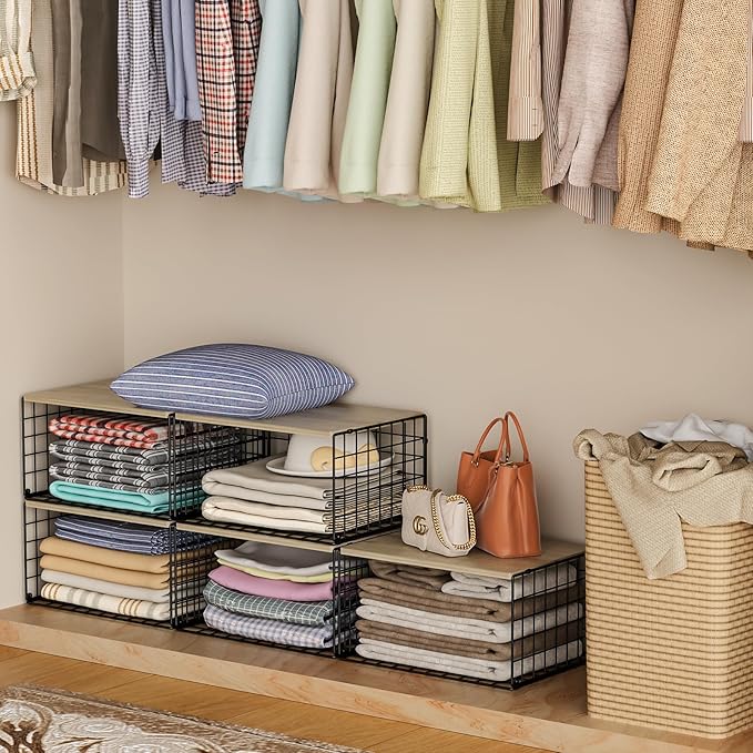 Extra-Long, Low-Profile Closet Organizers and Storage with Wood Top, 3 Pack Stackable Closet Shelf Organizer, Space-Saving Clothes Storage Bin for Wardrobe & Bedroom & Small Spaces, Sturdy Metal Black