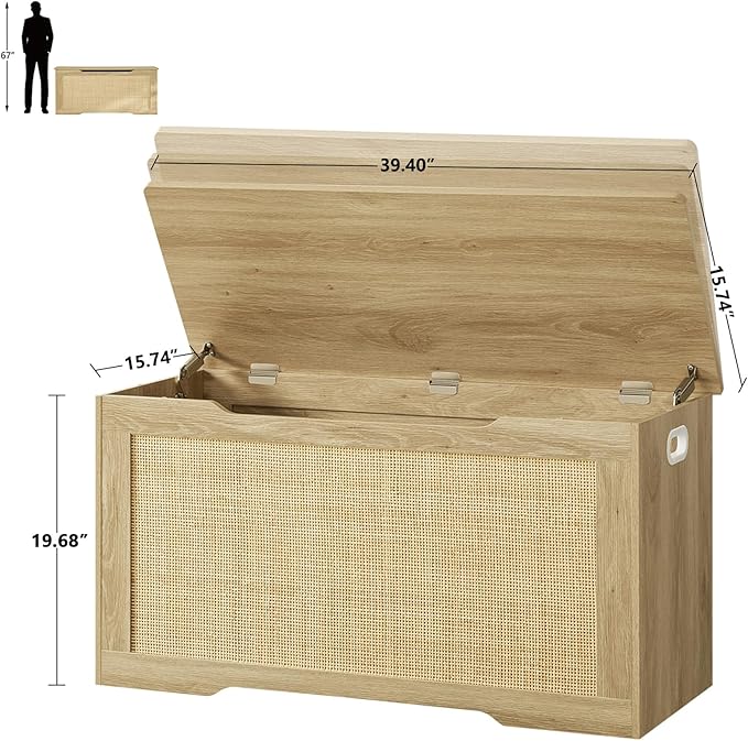 usikey 39.4” Storage Chest, Toy Box with 2 Safety Hinges, Toy Chest for Bedroom, Storage Bench with Storage, Shoe Bench, Supports 220 lb, for Living Room, Entryway, Natural