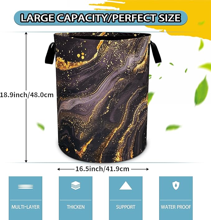 Black Gold Marble Laundry Basket Beautiful Pattern Foldable Oxford Cloth Funny Tote Bag Laundry Hamper Clothes Storage Bucket Toy Organizer For Bathroom/Laundry Storage/Bedroom 18.9x16.5 inch