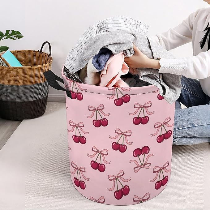 Pink Laundry Basket Cherry Decor Bow Laundry Hamper Clothes Toy Storage Bin for Bedroom Bathroom