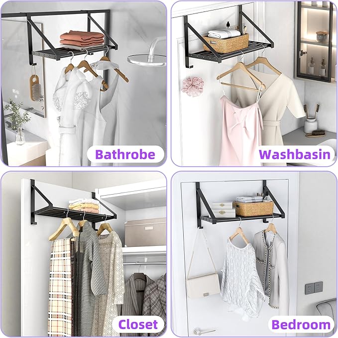 Over The Door Clothes Hanger with 2 Hooks, Stainless Steel Over The Door Hangers for Clothes with Storage Rack, Clothing Hanger Drying Racks for Laundry, Washroom, Fits Door Up to 1.77", Matte Black