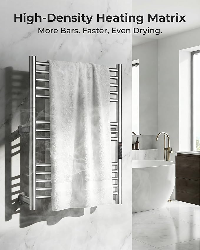 High-Density Foldable Heated Towel Rack, Smart Dual-Zone App/Voice Control Towel Warmer Rack, GFCI Plug-in/Hardwired, Wall-Mount, Drill-Free Install, Brushed, CA3-700X550-Ultra-S