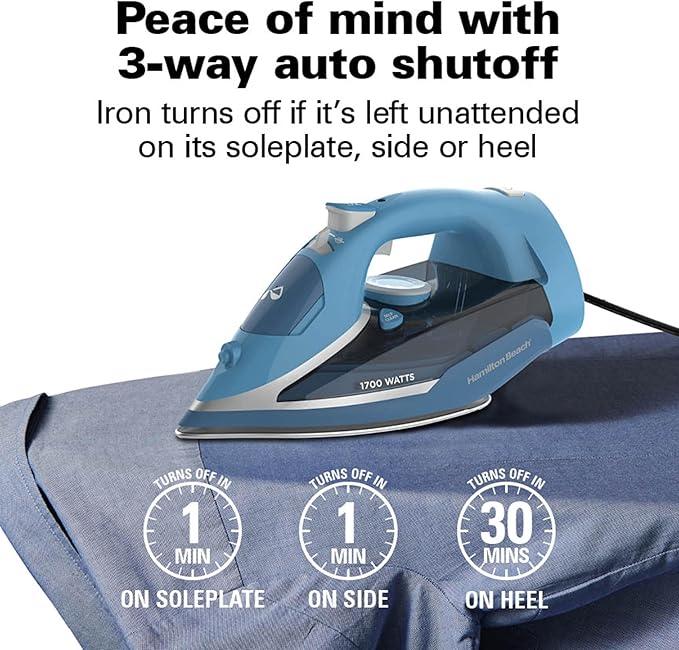 Hamilton Beach Steam Iron for Clothes & Garment Steamer with Durable Stainless Steel Soleplate, 1700 Watts for Ultra-Fast Heat, 8’ Retractable Cord, Auto Shutoff, 350 ml Water Tank, Blue (14216)