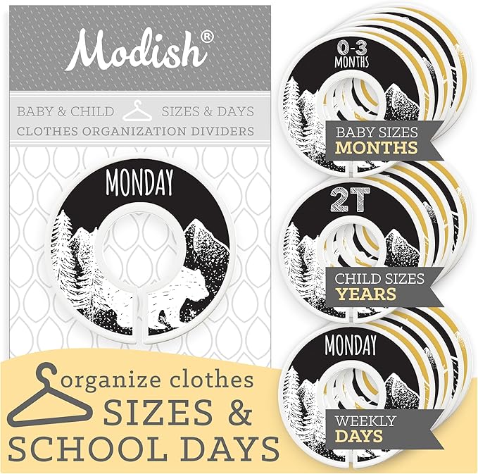 Days of the Week School Clothes Organizer, Modish Labels Weekly Monday through Friday Kids Closet Organization, Girl Boy Neutral Black Yellow Woodland Animal Outdoor Mountain Forest Safari Explorer
