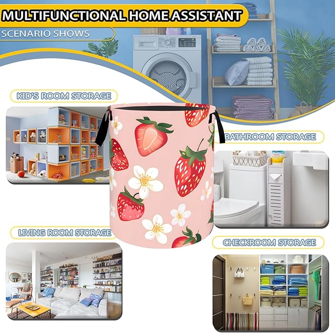 Fresh Strawberry Laundry Basket,Dirty Clothes Hamper,Red Fruit and Floral Storage Bin Gifts,Foldable Waterproof Oxford Cloth Baskets for Bathroom,Bedroom,Sweet Home Decoration(19.7" x 15.8")