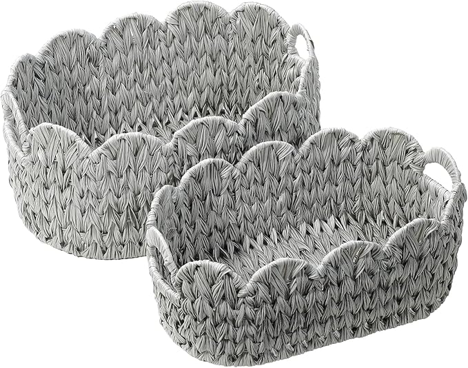 Wicker Scalloped Basket Set of 2,Woven Storage Baskets for Shelves,Closet,Laundry,Gift,Towels,Books,Toys,Waterproof Cute Decor Basket for Organizing,Grey