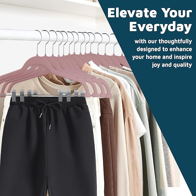 Lifemaster Velvet Pants Hangers – with Adjustable Clips, 360 Degree Swivel Hook, and Non-Slip Shoulder Notch, Holds Up to 10 lbs, for Organizing Skirt, Pants, Dress, and Clothes, Pack of 30, Pink