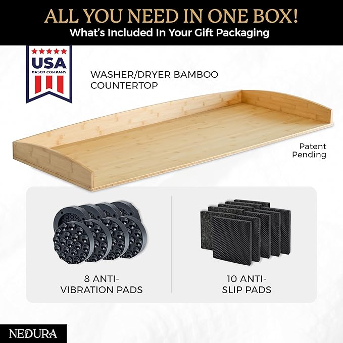 Nedura Washer Dryer Countertop for Washing Machine w/Anti-Vibration Pads&Curved Edge Rails, Bamboo Laundry Countertop, Washer Dryer Topper, Laundry Room Organization, Laundry Room Accessories-Natural