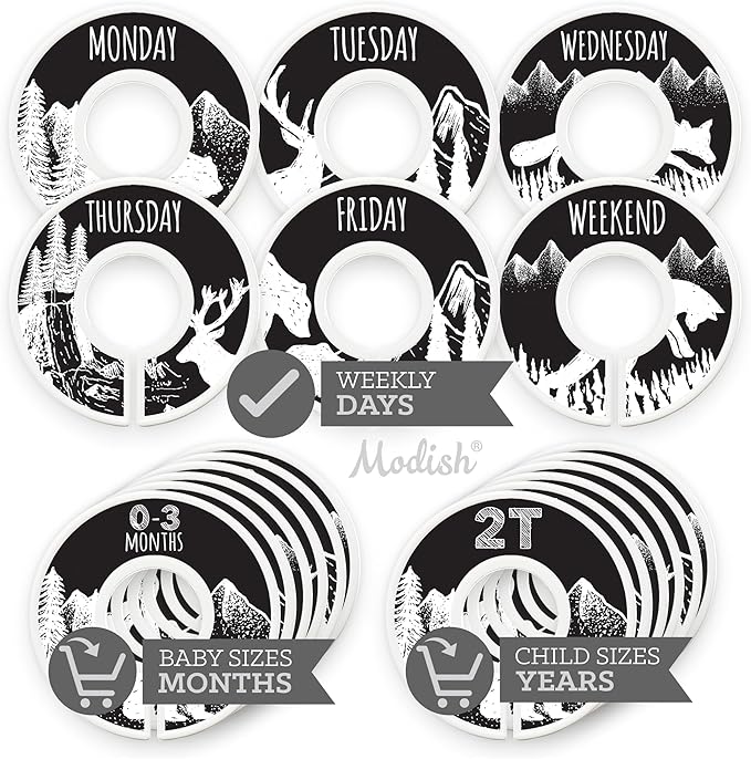 Days of the Week School Clothes Organizer, Modish Labels Weekly Monday through Friday Kids Closet Organization Girl Boy Neutral Black Woodland Animal Outdoor Mountain Forest Safari Explorer Room Décor