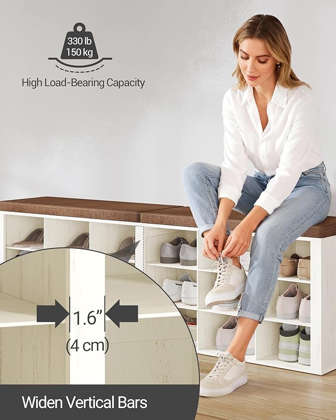 Shoe Storage Bench with Cushion, Entryway Storage Bench with 18 Cubbies, 9.5" Widened Organizer Cabinet, Long Cubby Rack for Living Room, Bedroom, Entryway, White and Brown SB25714KA
