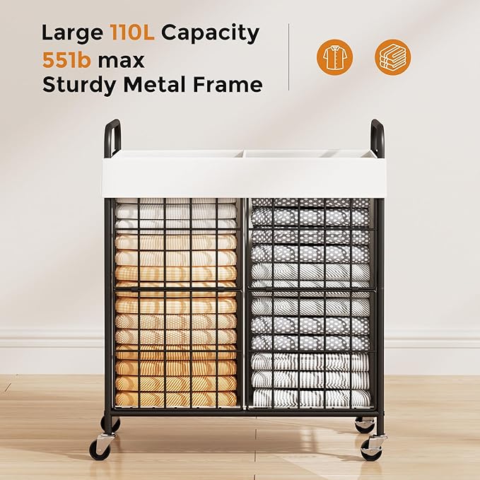 2 Section Laundry Hamper with Wheels and Brake, 100L Laundry Sorter Cart with 2 Removable Machine Washable Liner Bags, Metal Handle, Rolling Laundry Basket with Lid for Bedroom Laundry Room