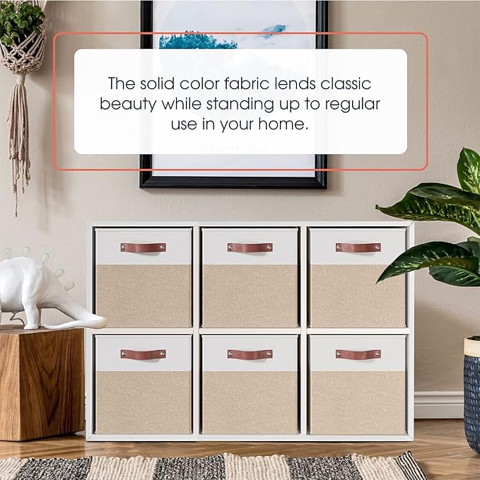 Ornavo Home 13 x 15 x 13 Kallax Storage Cube Bins, Foldable Collapsible Fabric Storage Bins Box Linen Shelf Basket Cube Organizer for Closet with Leather Handles, 6 Pack, White/Khaki
