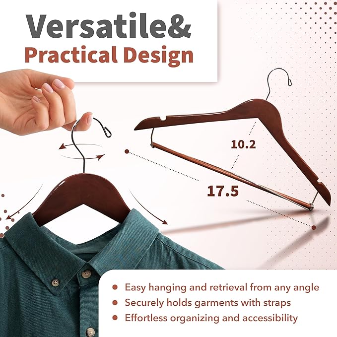 DEILSY™ Suit Hangers for Men with Open Bar 10 Pack Premium Brown Wooden Coat Hangers Pants Durable Suit for Closet Organization - Jacket Hanger Wood Clothes (10)