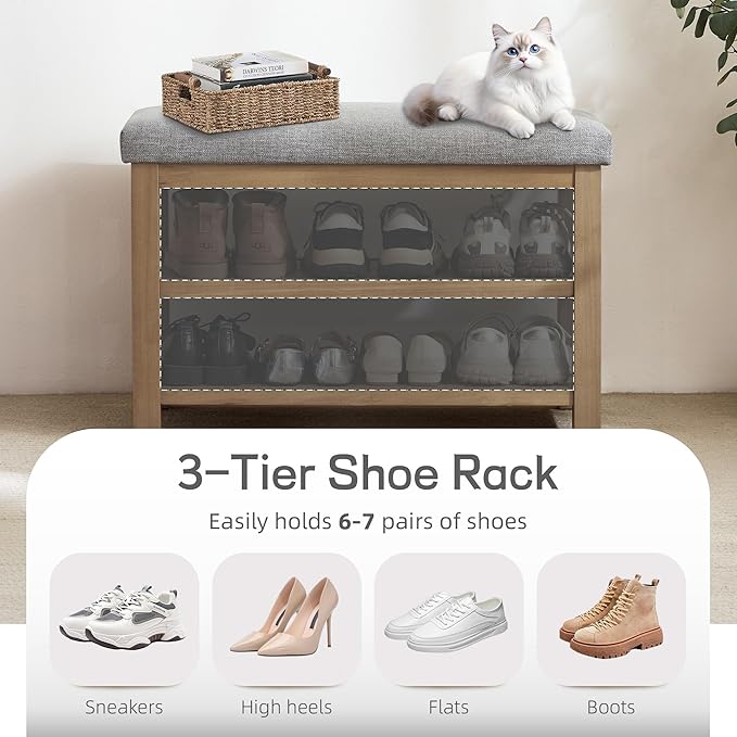 Shoe Rack Bench with Cushion, 2 Tier Solid Wood Storage Bench, Mid-Century Modern Shoe Bench for Entryway, Hallway, Closet, Front Door Entrance, Foyer (Grey, 31.5")