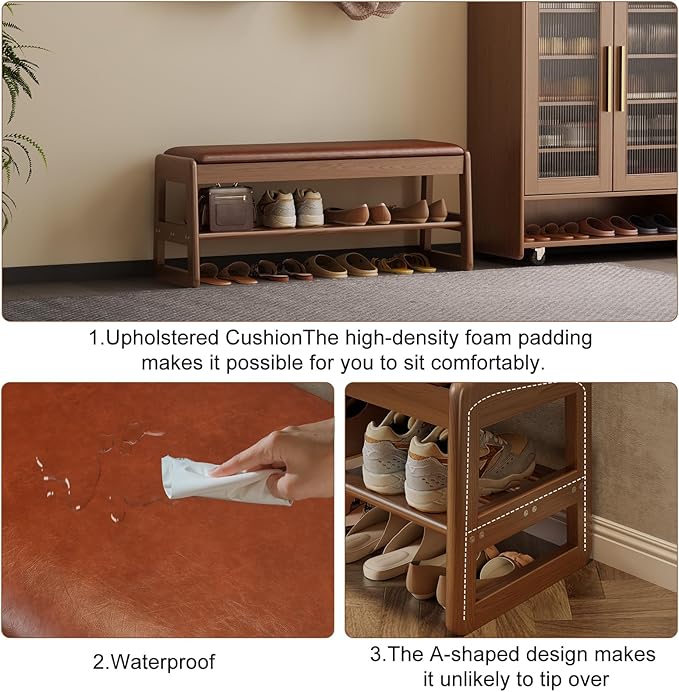 AQIMUELE Shoe Rack Bench,2 Tiers Shoe Bench with Storage with Flip-Top,Wood Shoe Rack for Entryway,Hallway（Orange Upholstered Seat）