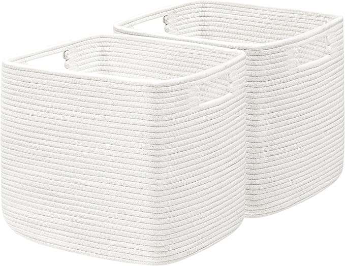 UBBCARE Set of 2 Kallax Storage Cubes-13 ×15 ×13 Inch, Cotton Rope Basket for Shelves, Toys, Book, Cube Storage Bin with Handles, Woven Storage Basket for Organizing, White
