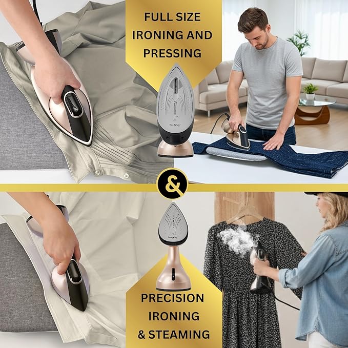True & Tidy 2-in-1 Iron and Handheld Steamer, 1600W Dual Heating System with Ceramic-Coated Plate, LCD Display, No-Drip Technology, 3 Fabric Modes, Portable Garment Steamer for Home & Travel