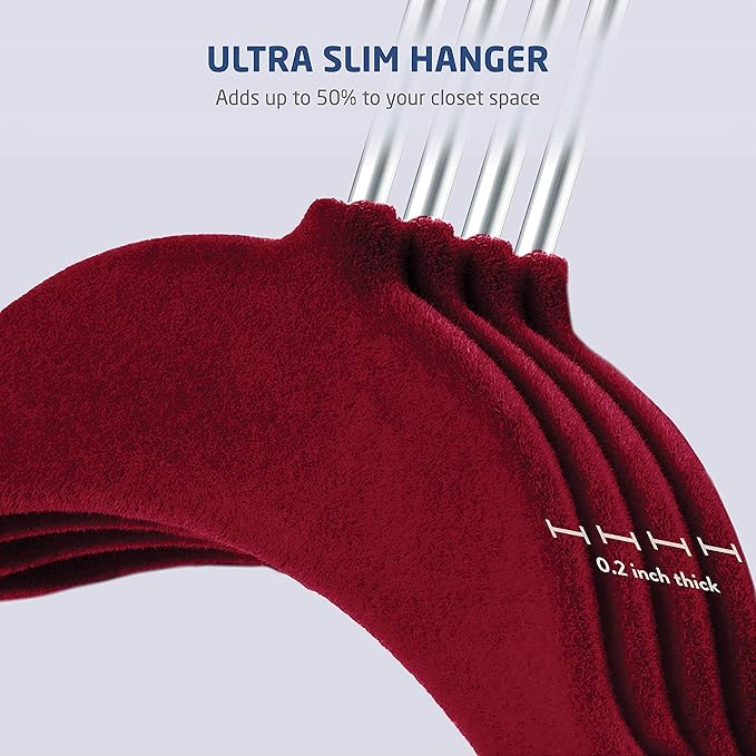 Zober Velvet Hangers with Clips - 20 Piece Set for Pants, Skirts, Suits, Dresses & Shirts - Notched Burgundy Velvet, Non Slip Felt, 360 Degree Hook