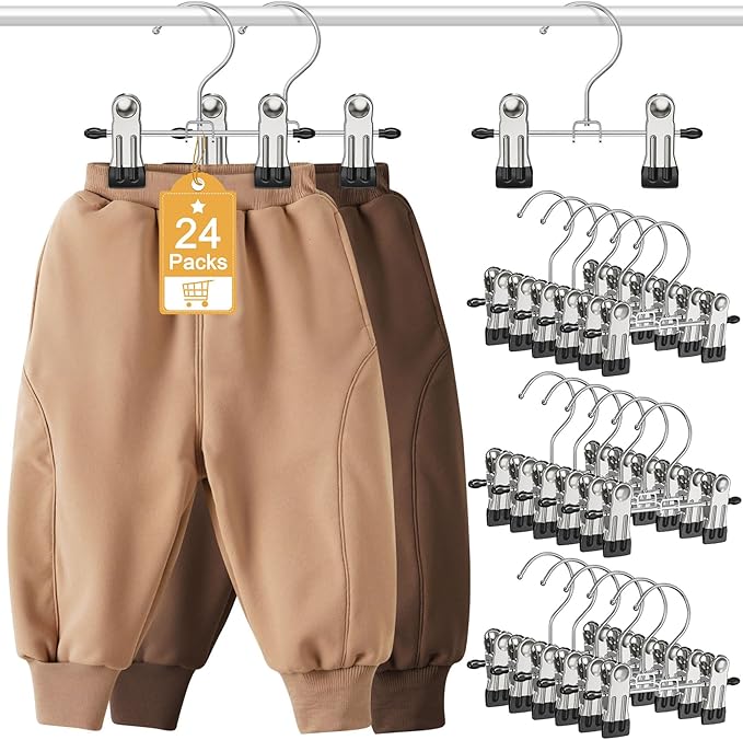 24 Pack Baby Hangers with Clips, 360°Rotatable Toddler Pant Hangers with Clips, Non-Slip Space Saving Kids Hanger for Newborn Children Clothes Skirts Boots Closet Organizers, Black