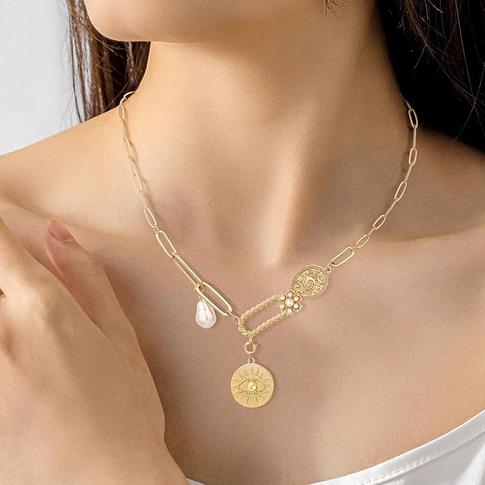 Chunky Gold Necklace for Women Gold Evil Eye Cowboy Pendant Necklace Dainty Paperclip Chain Vintage Luck Amulet Choker Necklaces Celestial Jewelry Gift