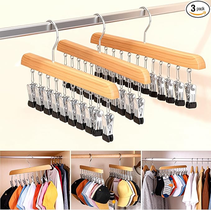 Hat Hangers for Closet, 3 Pack Hat Organizer Hanger with 10 Adjustable Stainless Steel Clips, Cap Organizer for Closet, Hats Holder for Ball Caps & Accessories