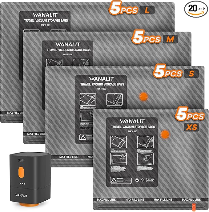 Travel Vacuum Storage Bags with Wireless Rechargeable Electric Pump, 20 Pack Travel Essentials Vacuum Seal Bags for Clothing, Space Saver Compression Packing Bags for Luggage, Suitcase, Backpack, Home