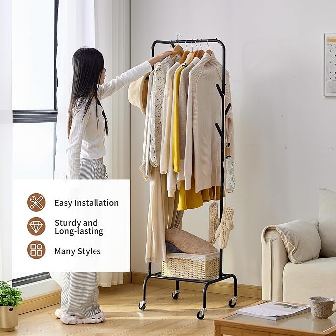 FILWH Rolling Coat Rack with Storage Shelf Freestanding Coat Rack Hall Tree with 6 Hooks for Entryway, Bedroom Metal Clothes Hanger Stand for Hats, Jackets, Bags,Shoes (Black, Single-layer)
