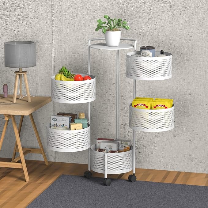 JAQ 5-Tier No Assembly White Rotating Storage Rack, Large Capacity Utility Cart for Kitchen Bathroom Nursery, Heavy Duty Fruit Vegetable Stand, White
