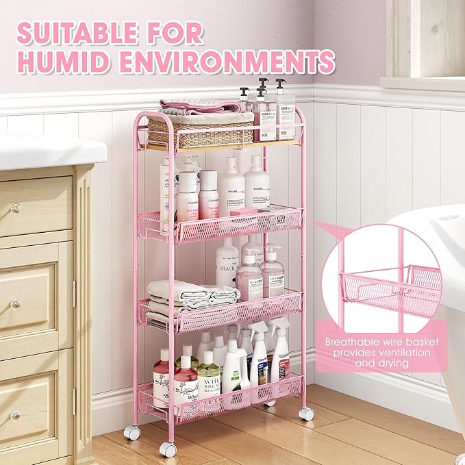 TOOLF 4-Tier Slim Rolling Cart, Metal Storage Cart with Wooden Tabletop and Mesh Baskets for Narrow Space on Kitchen Bathroom Laundry Room Bedroom Apartments Dormitory