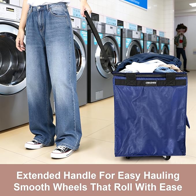 (Medium,Blue) Reusable Grocery Bag on Wheels, Foldable Rolling Tote Bag with 3 Handles and Zipper, Storage Organizer for Clothes & Groceries, Rolling Shopping Cart for Trips, 76lb