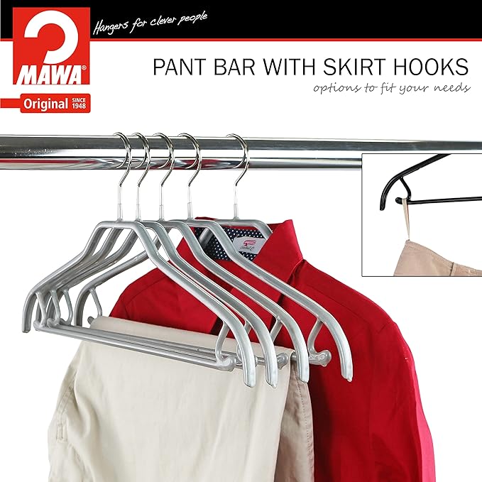 MAWA by Reston Lloyd Silhouette Series Non-Slip Space Saving Clothes Hanger with Bar & Hook for Pants and Skirts, Style 41/FRS, Set of 5, Silver