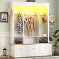 Farmhouse 75" H Hall Tree with 9 Golden Hooks, 3 Large Cabinets, Open Shelves, Roman Column Design Natural Storage Bench, Entryway Organizer with Shelves for Mudroom, Hallway (White,75)