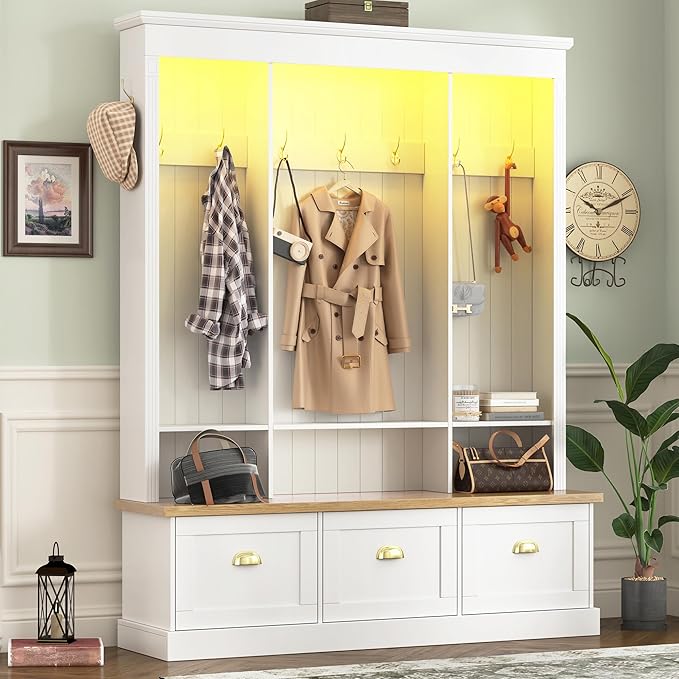 Farmhouse 75" H Hall Tree with 9 Golden Hooks, 3 Large Cabinets, Open Shelves, Roman Column Design Natural Storage Bench, Entryway Organizer with Shelves for Mudroom, Hallway (White,75)