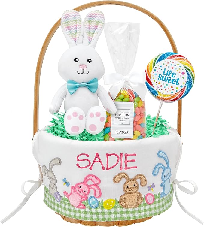 Let's Make Memories Personalized Easter Basket for Kids - For Boys - For Girls - Embroidered Name - Create Your Own - Fillable - Wicker - Easter Basket Stuffers - Small - Pink Lots Of Bunnies