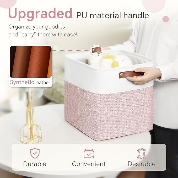 Cube Storage Baskets 6 Pack, 11x11 inch Cube Storage Bins with Leather Handles for Shelf Closet (White/ Pink)