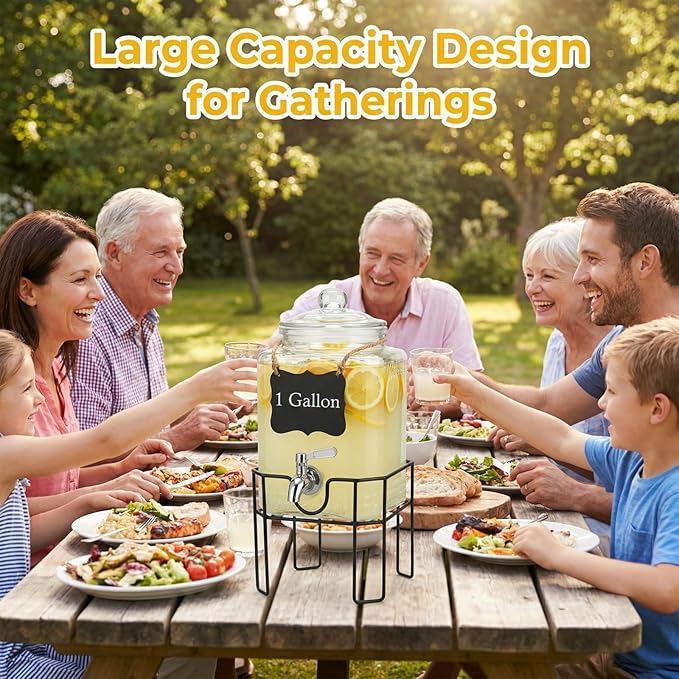 Drink Dispenser, Drink Dispensers for Parties, 1 Gallon Glass Beverage Dispenser with Stand and Glass Lid, 100% Leakproof Spigot, Ideal for Lemonade, Juice, Iced Tea, Laundry Detergent