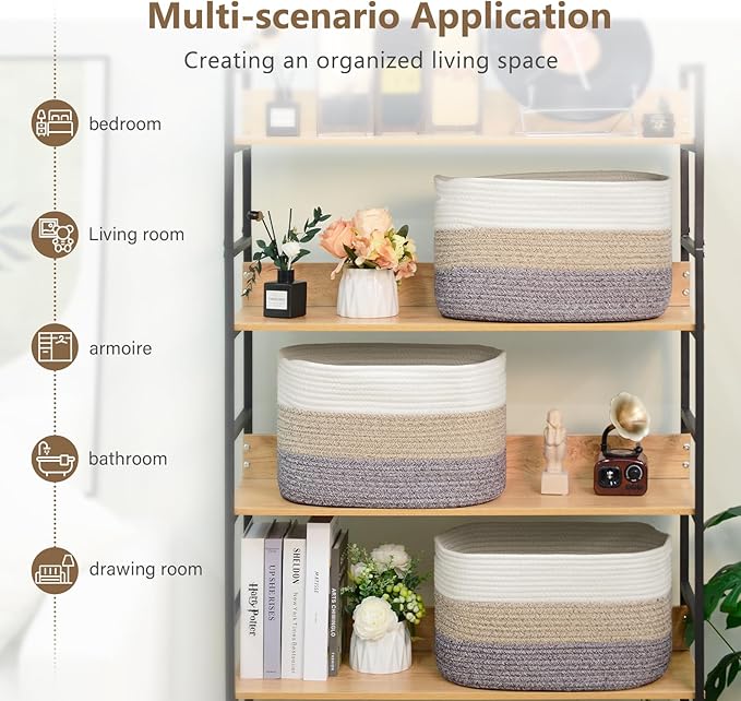 Cotton Rope Storage Basket, 15x10x9 Inches, Woven Basket for Shelves, Clothes, Towels, Books, and Laundry, White Brown (1 Pack)