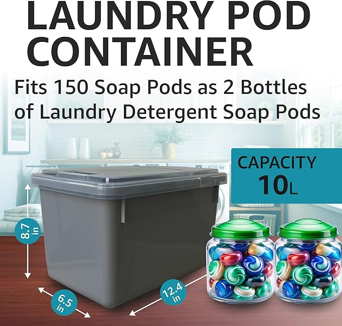Skywin TidyFriend Laundry Pods Container with Lift Up Lid, 12.4" x 6.5" x 8.7", Airtight Storage Keeps Pods Fresh, Laundry Detergent Container & Dishwasher Pod Holder (Grey)