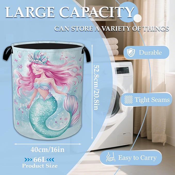 Cartoon Mermaid Laundry Basket Collapsible Laundry Hamper Clothes Toy Storage Bin for Bathroom Bedroom Room Decor 16" X 20.8"